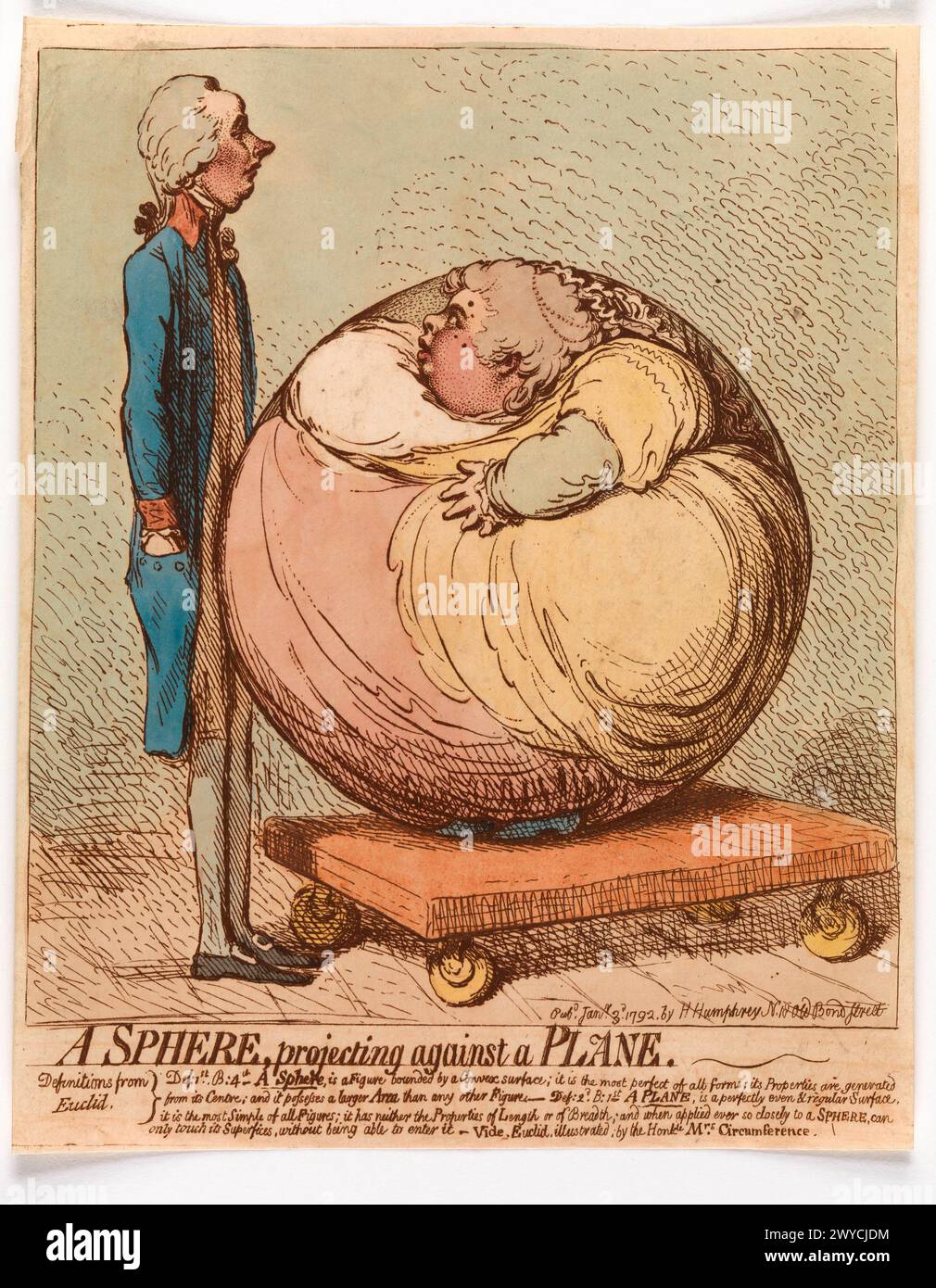 A Sphere, Projecting Against a Plane.  James Gillray, published by Hannah Humphrey.  3January 1792. Hand-colored etching. Stock Photo