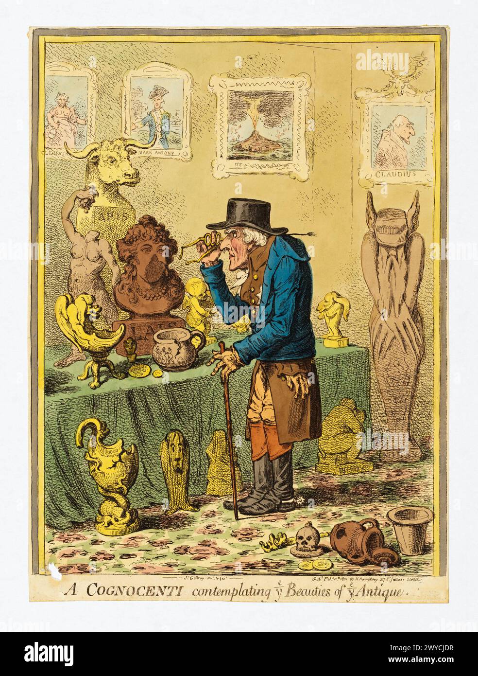 A Cognocenti Contemplating ye Beauties of ye Antique. James Gillray, published by Hannah Humphrey. 11 February 1801. Hand-colored etching. Stock Photo