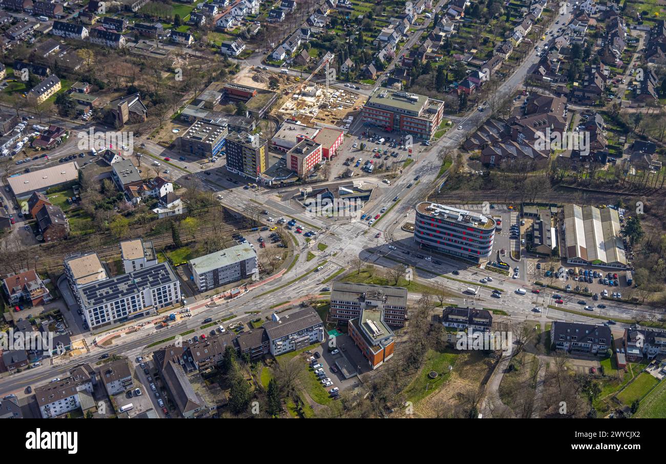 Aerial view, construction site and new building at Sittardsberg, intersection Sittardsberger Allee and Altenbrucher Damm, Sparkasse new building, unde Stock Photo