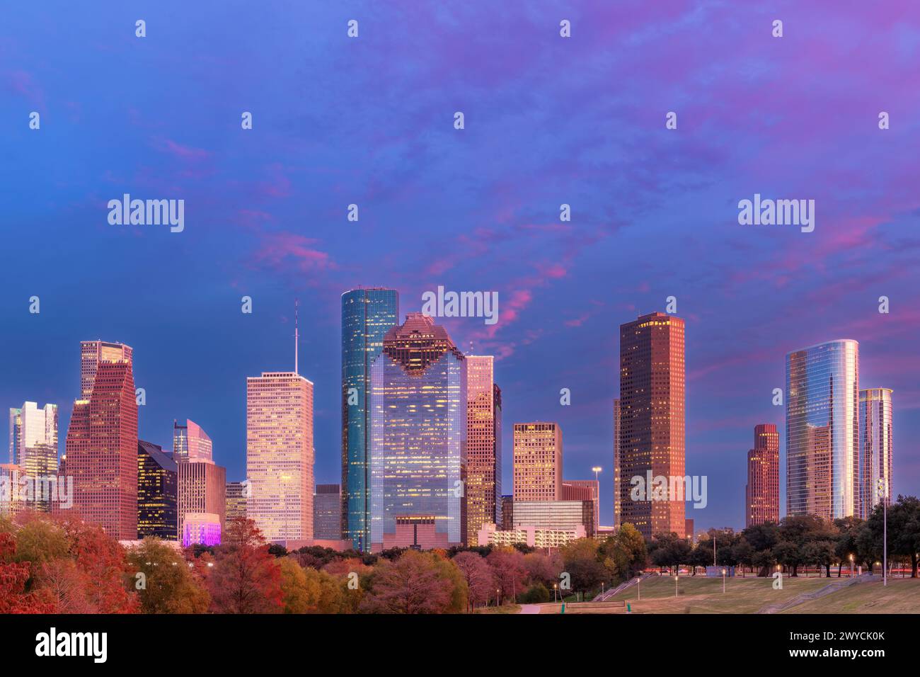 Houston City skyline at sunset in Texas, USA Stock Photo