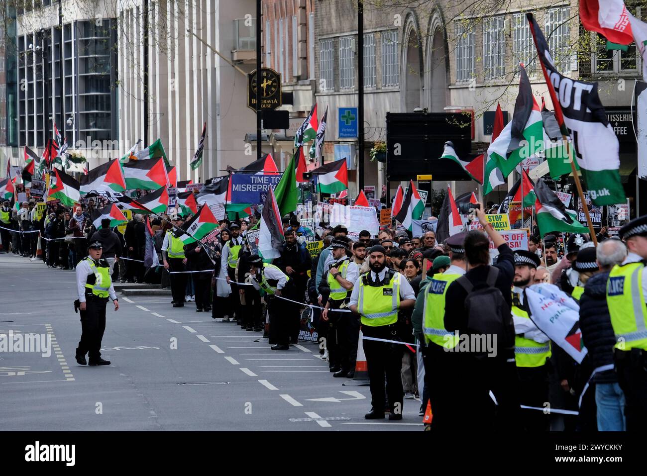 London, UK, 5th April, 2024. The annual Al Quds Day march took place in solidarity with Palestinians through central London today. Hundreds bearing placards took part in event from the Home Office to Downing Street. Credit: Eleventh Hour Photography/Alamy Live News Stock Photo