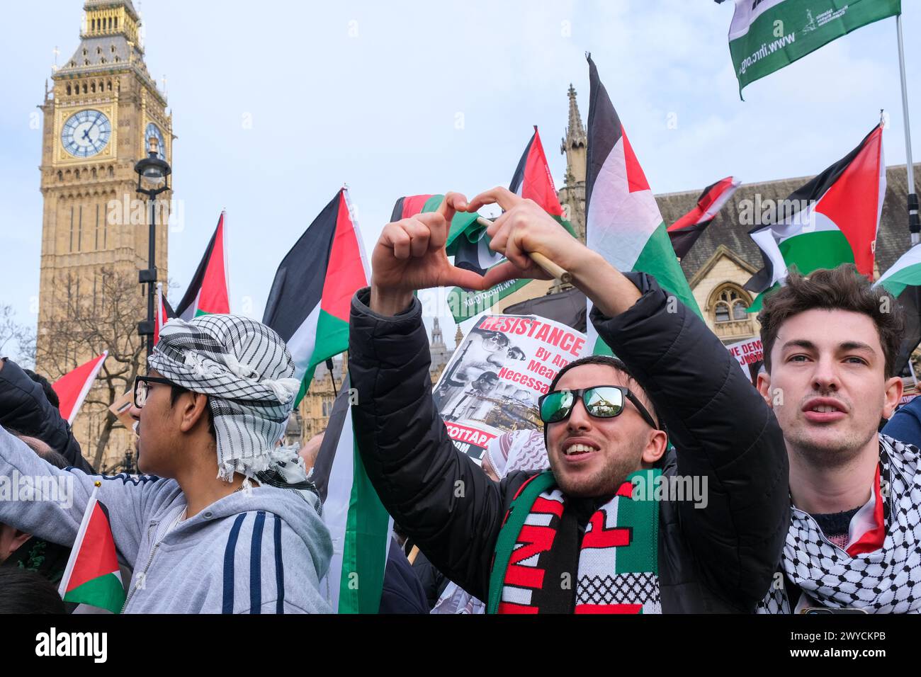 London, UK, 5th April, 2024. The annual Al Quds Day march took place in solidarity with Palestinians through central London today. Hundreds bearing placards took part in event from the Home Office to Downing Street. Credit: Eleventh Hour Photography/Alamy Live News Stock Photo