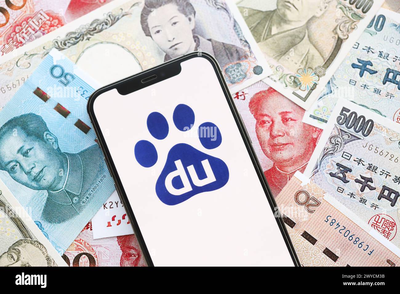 KYIV, UKRAINE - APRIL 1, 2024 Baidu icon on smartphone screen on many ...