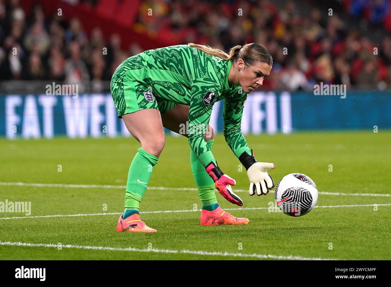 England goalkeeper Mary Earps during the UEFA Women's Euro 2025 qualifying round League A, Group