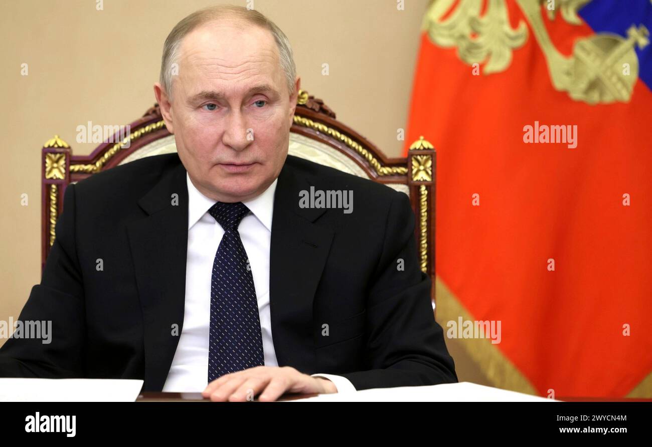Moscow, Russia. 03 April, 2024. Russian President Vladimir Putin hosts a meeting with the Trans-Baikal Territory Governor Alexander Osipov from the Kremlin, April 3, 2024 in Moscow, Russia. Credit: Mikhail Metzel/Kremlin Pool/Alamy Live News Stock Photo
