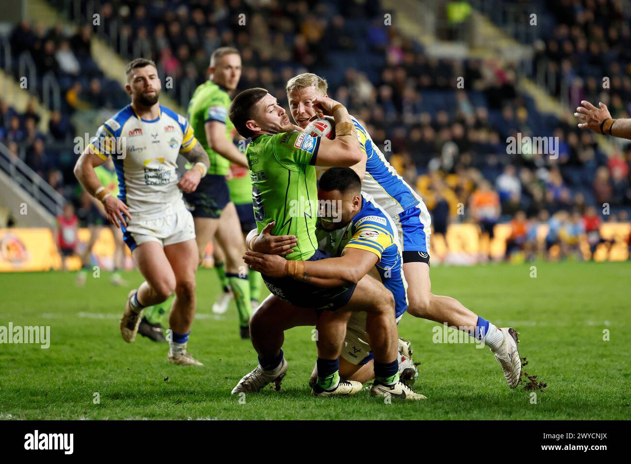 Warrington Wolves Danny Walker scores his side's fourth try of the game during the Betfred Super League match at AMT Headingley Rugby Stadium, Leeds. Picture date: Friday April 5, 2024. Stock Photo