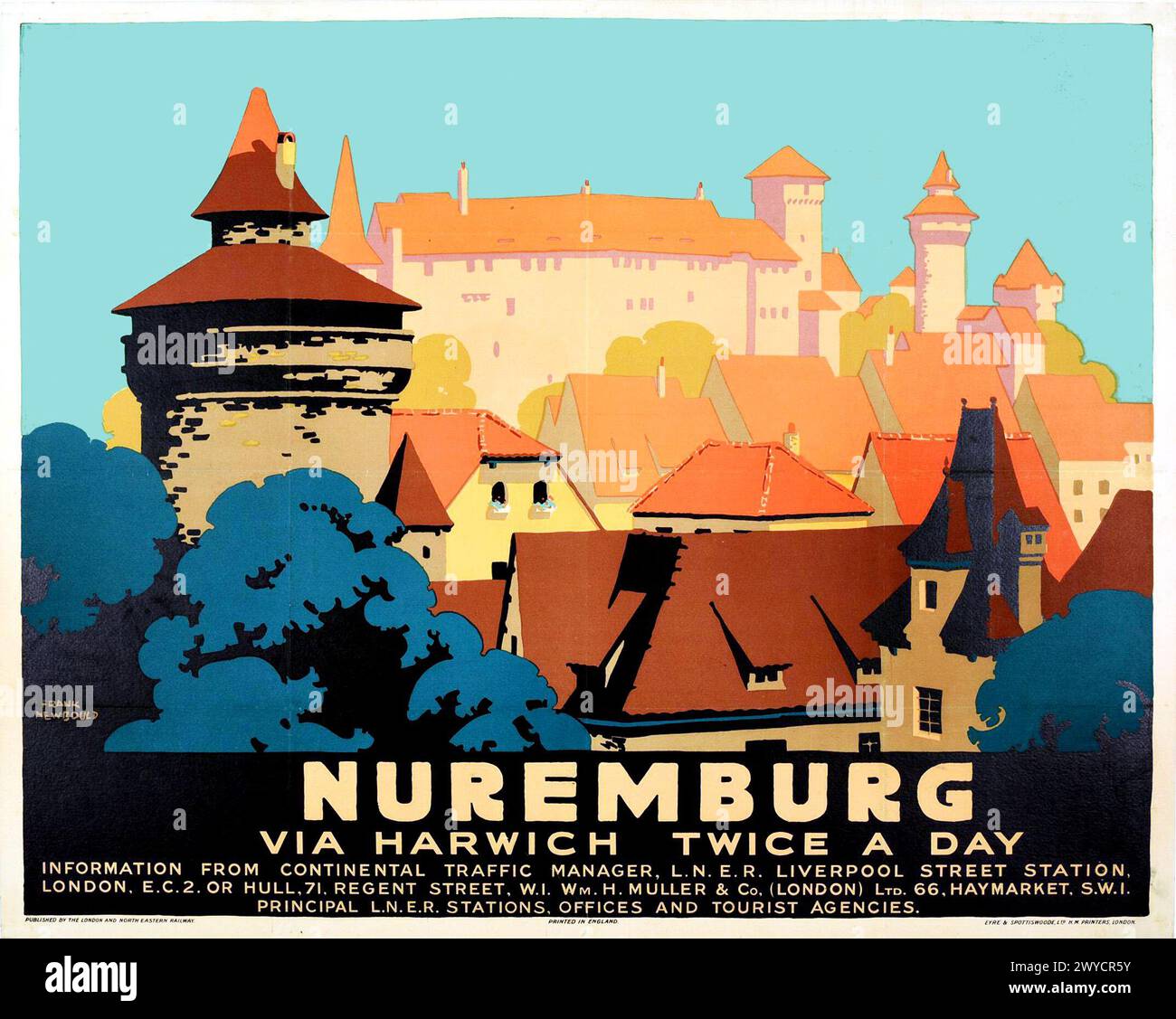 Vintage Travel Poster:  Nuremburg via Harwich by Frank Newbould circa 1930s Stock Photo