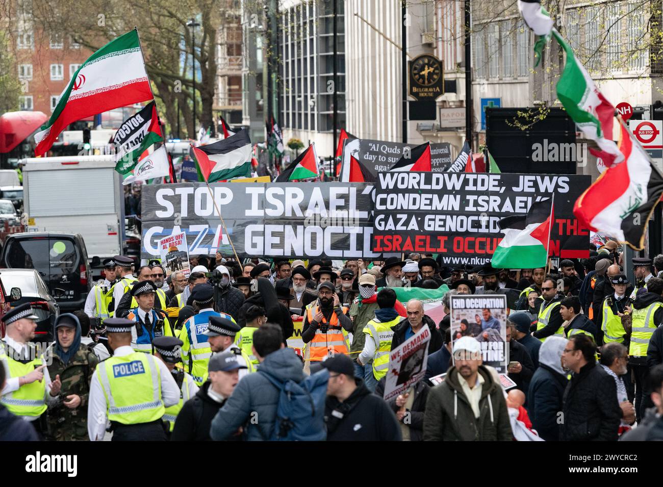 London, UK. 5 April, 2024. Palestine supporters gather for the annual Al Quds Day march in central London. The event, which refers to the Arabic name for Jerusalem, was joined by a coalition of groups including the Islamic Human Rights Commission (IHRC), Black Lives Matter UK, Jewish Network for Palestine and the Muslim Public Affairs Committee UK and saw large crowds march from the Home Office to a rally in Whitehall. Credit: Ron Fassbender/Alamy Live News Stock Photo