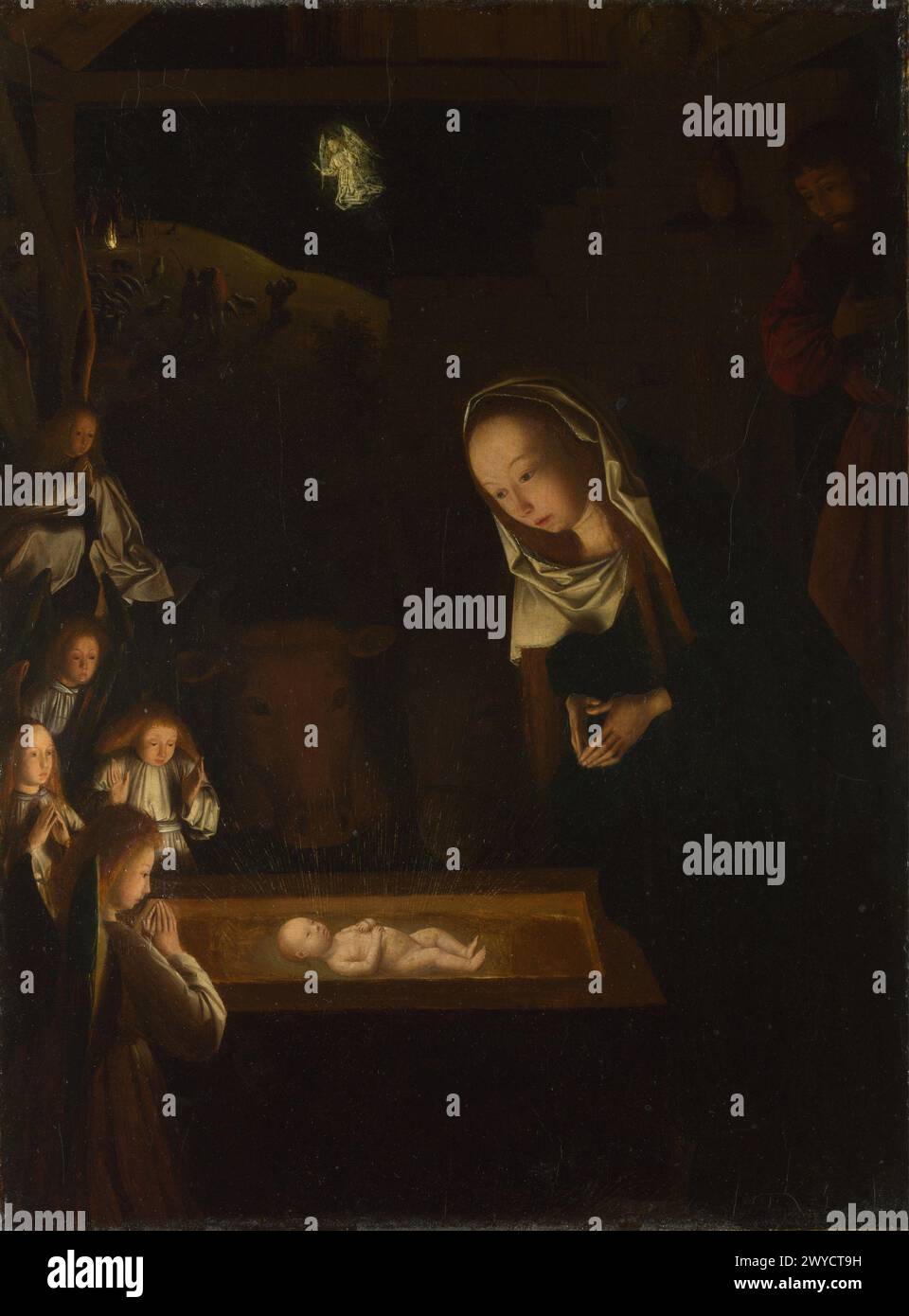 Geertgen depicted the Child Jesus as a light source on his painting Nativity at Night. Geertgen tot Sint Jans Stock Photo