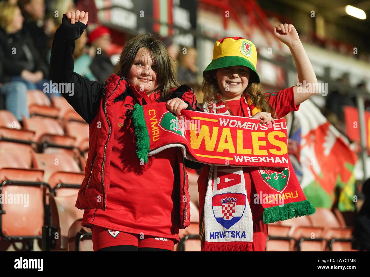 Wales supporters before the UEFA Women's Euro 2025 qualifying round League B, Group B4 match at the SToK Cae Ras, Wrexham. Picture date: Friday April 5, 2024. Stock Photo