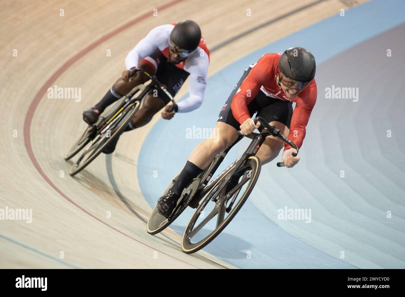 Los Angeles, California, USA. 5th Apr, 2024. Tyler Rorke of Canada defeats Kwesi Brown of Trinidad and Tobago in the first round of the men's sprint. Credit: Casey B. Gibson/Alamy Live News Stock Photo
