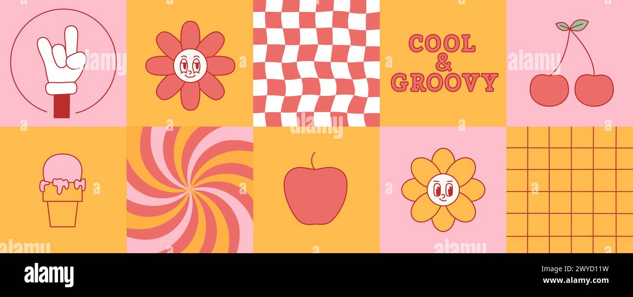 Retro print with hippie groovy characters, elements, backgrounds. Square shape simple y2k poster, card with flower, cherry, apple, icecream. Stock Vector