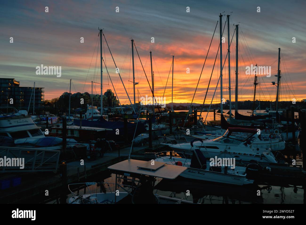 Victoria, Canada March 31, 2024. Victoria Harbour Marina Sunset BC. Warm sunset over one of