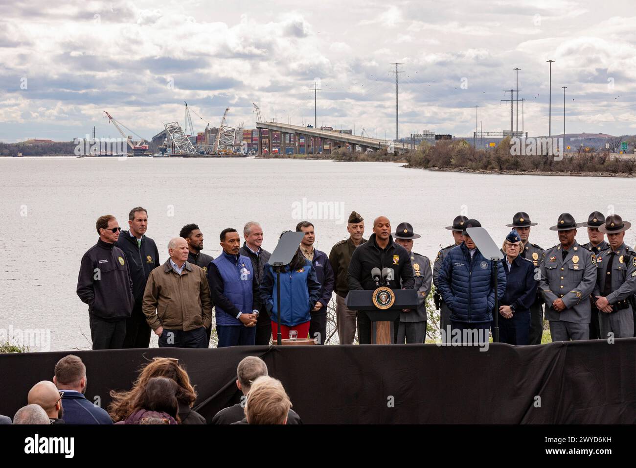 Baltimore, United States. 05th Apr, 2024. Governor Wes Moore speaks in front of city, state and federal leaders, and the collapsed Key Bridge, at a press conference with the president about plans to move forward from the bridge's collapse at the Maryland Transportation Authority Police headquarters on Friday, April 5, 2024 in Baltimore, MD. (Photo by Wesley Lapointe/Sipa USA) Credit: Sipa USA/Alamy Live News Stock Photo