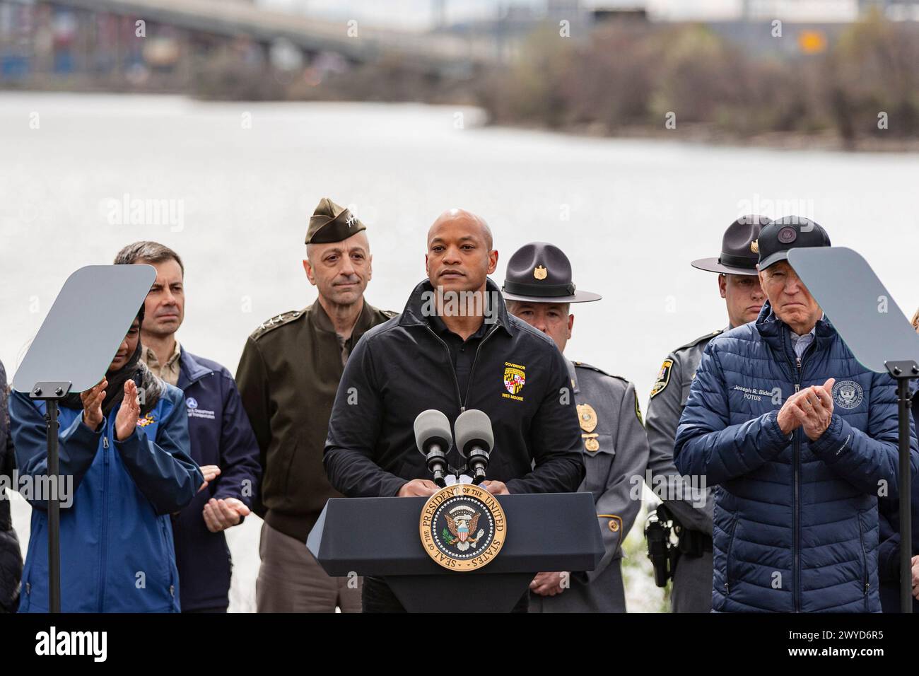 Baltimore, United States. 05th Apr, 2024. Governor Wes Moore speaks in front of city, state and federal leaders, and the collapsed Key Bridge, at a press conference with the president about plans to move forward from the bridge's collapse at the Maryland Transportation Authority Police headquarters on Friday, April 5, 2024 in Baltimore, MD. (Photo by Wesley Lapointe/Sipa USA) Credit: Sipa USA/Alamy Live News Stock Photo