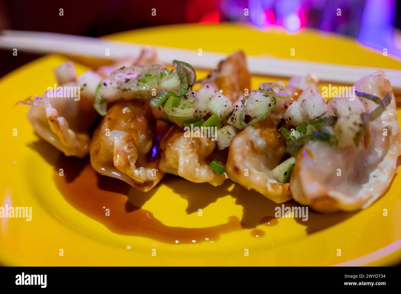 Tasty asian food, homemade deep fried chicken gyoza dumplings close up served in Japanese bar