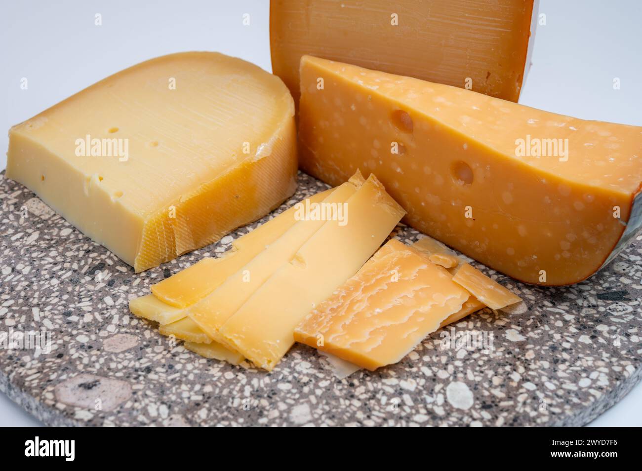 Cheese collection, Dutch very old 1000 days ripe hard cheeses made from cow milk in the Netherlands close up Stock Photo