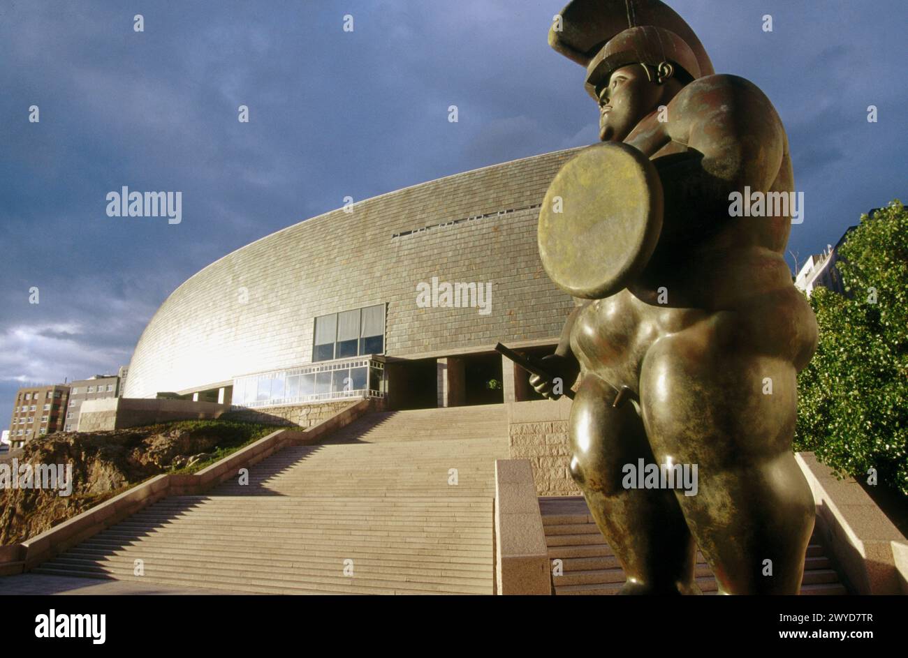 Domus (House of Mankind) by Arata Isozaki and sculpture of Fernando Botero, A Coruña. Galicia, Spain. Stock Photo