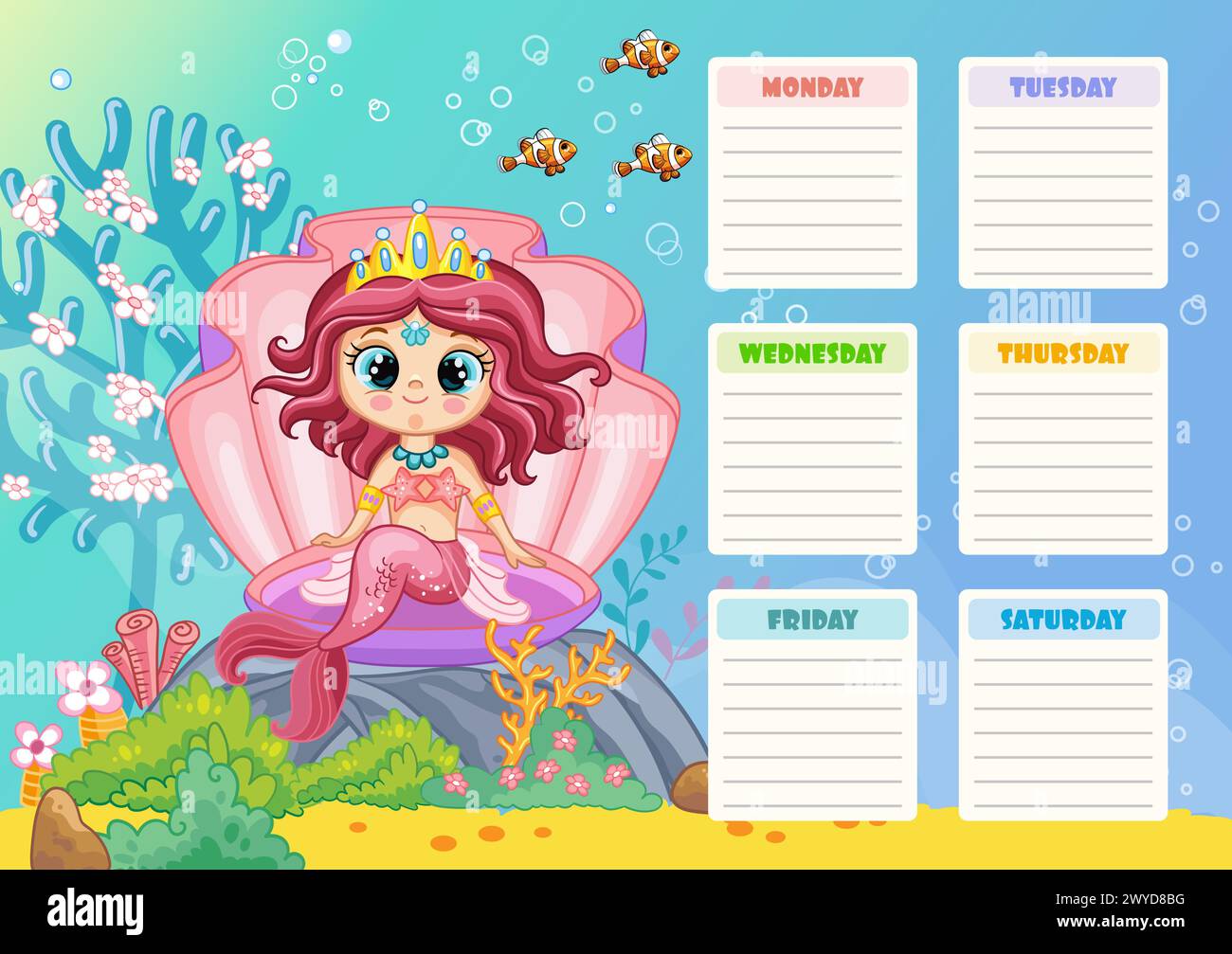 Cute mermaid weekly planner. Funny school schedule, little underwater