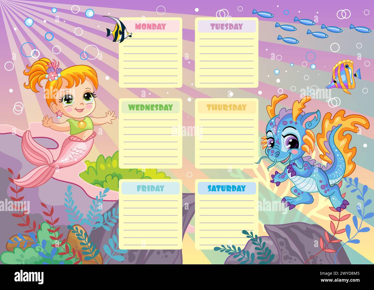 Cute mermaid and water dragon weekly planner. Funny school schedule