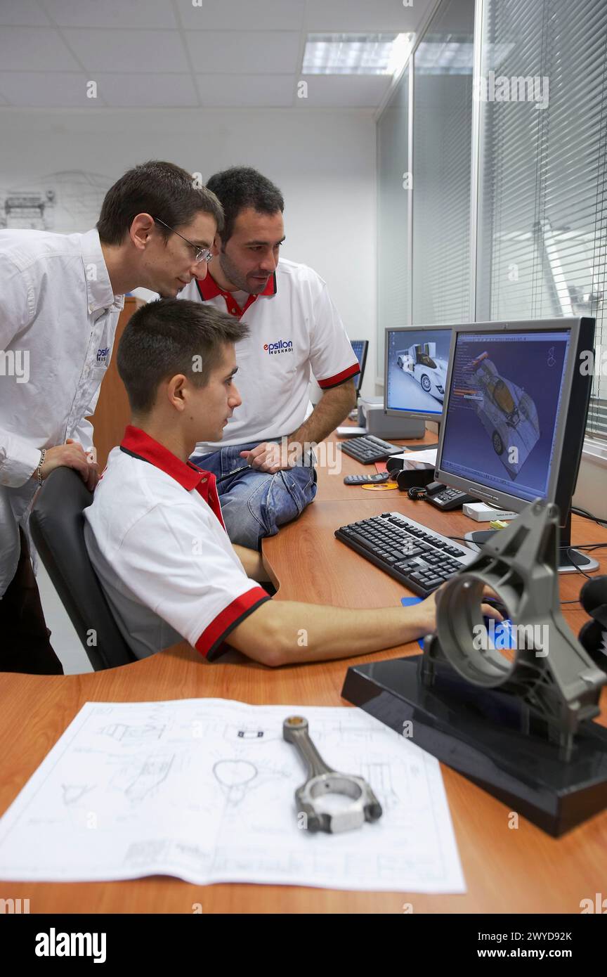 R+D, CAD design of parts for racing cars. Epsilon Euskadi, car technology high performance centre , Azkoitia, Gipuzkoa, Basque Country. Stock Photo