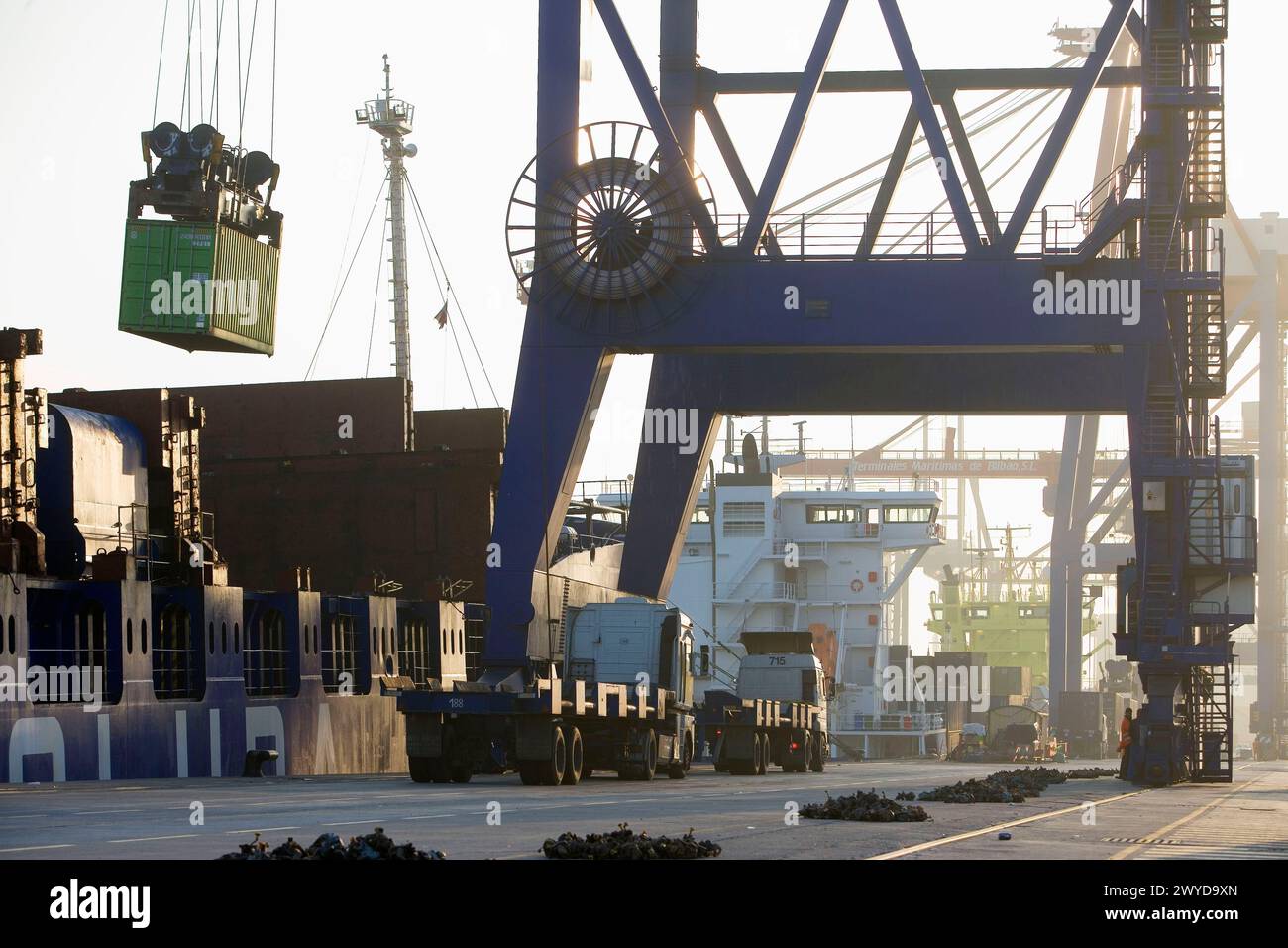 Loading cargo containers in ship, Port of Bilbao, Santurtzi. Biscay, Euskadi, Spain. Stock Photo