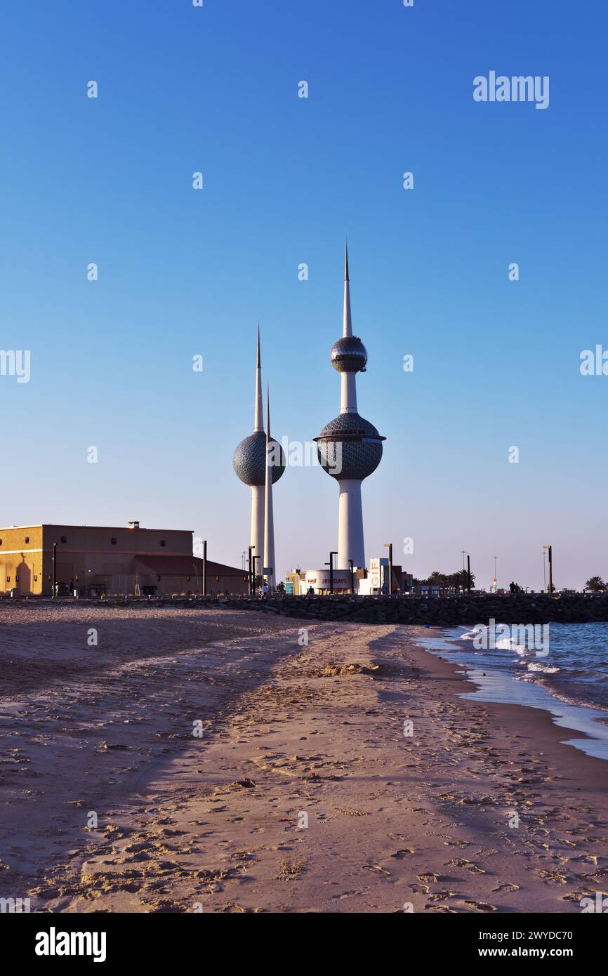 Famous Towers of Balls in Kuwait in a sunny day with clear sky. Blue sea and sandy beach at the background Stock Photo