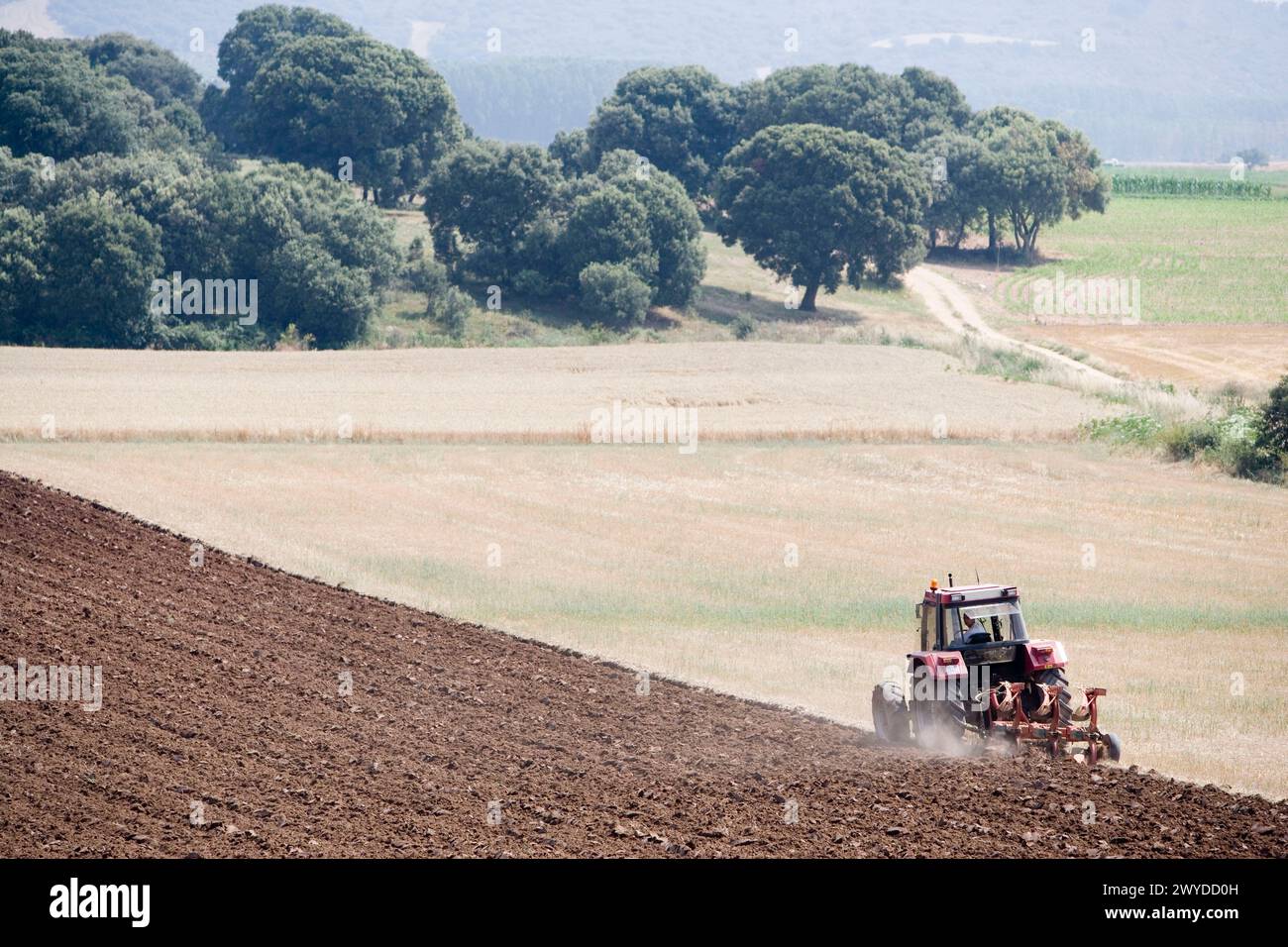 Agricultural machinery. Tractor ploughing the land. Mouldboard plough. Harvesting of cereals, Oco-Navarra (near Estella), Navarre, Spain. Stock Photo