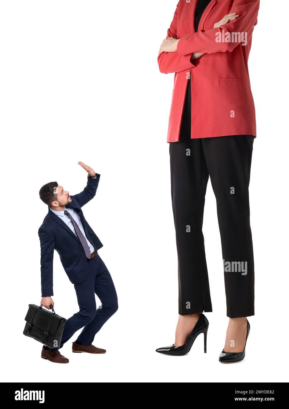 Giant woman and small man on white background Stock Photo - Alamy