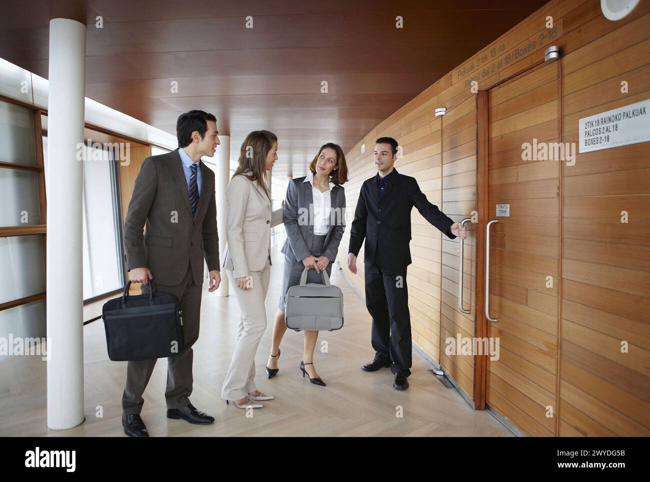 Conventioneers entering lecture hall, convention center, Kursaal Center. San Sebastian, Guipuzcoa, Basque Country, Spain. Stock Photo