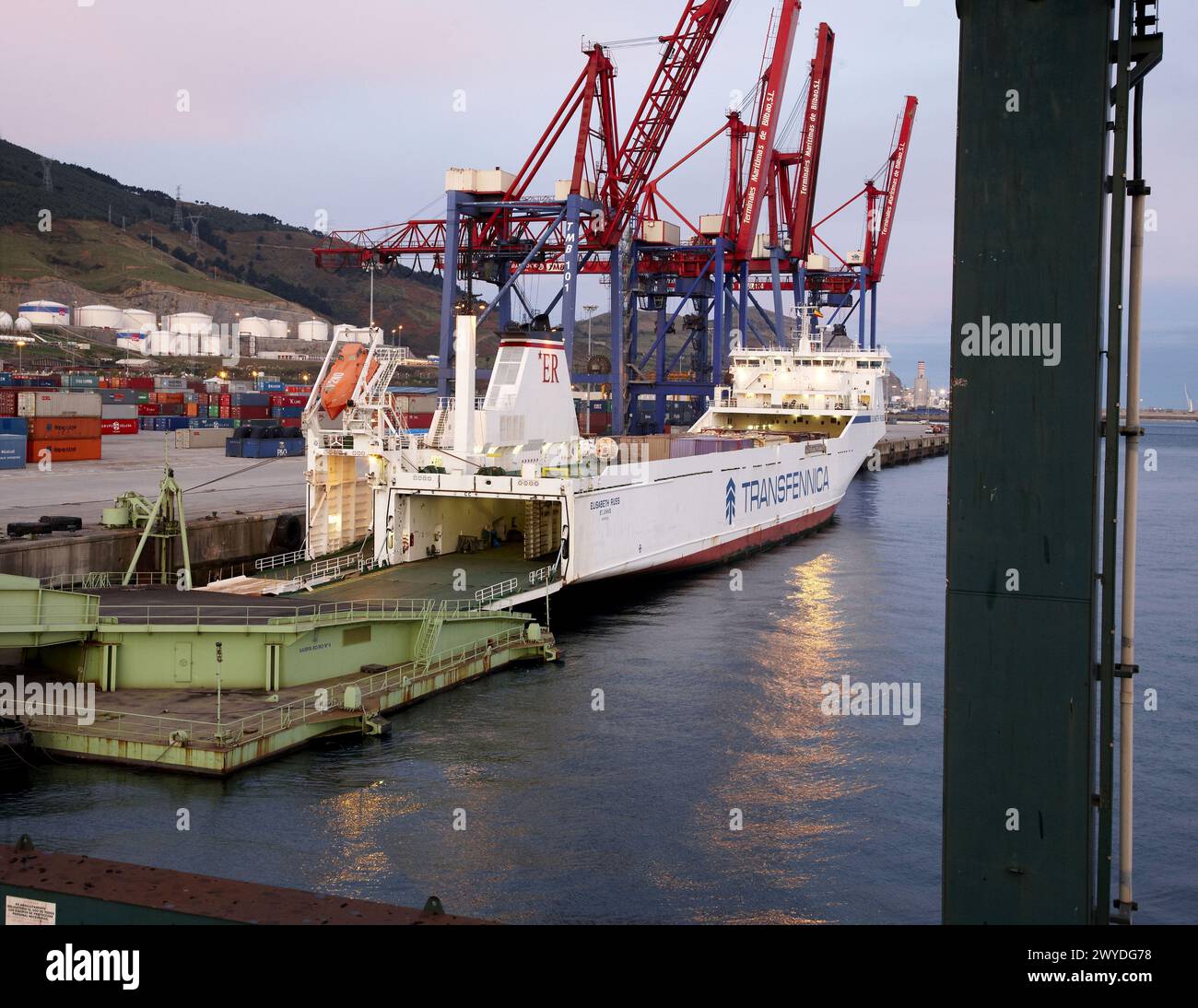 Cargo ship, Motorways of the Sea, RORO vessel with ramp. Port of Bilbao, Biscay, Basque Country, Spain. Stock Photo