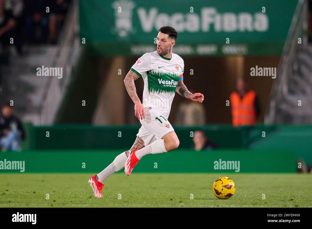 ELCHE, SPAIN - APRIL 5: Tete Morente Left Winger of Elche CF in action during the LaLiga Hypermotion match between Elche CF and Real Oviedo at Manuel Martinez Valero Stadium, on April 5, 2024 in Elche, Spain. (Photo By Francisco Macia/Photo Players Images) Stock Photo