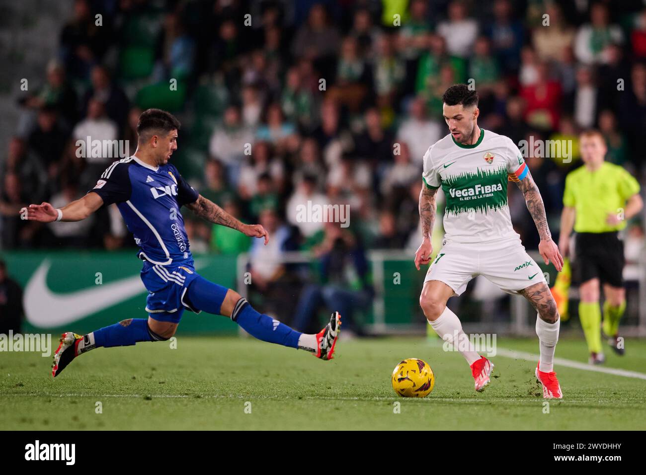 ELCHE, SPAIN - APRIL 5: Tete Morente Left Winger of Elche CF in action during the LaLiga Hypermotion match between Elche CF and Real Oviedo at Manuel Martinez Valero Stadium, on April 5, 2024 in Elche, Spain. (Photo By Francisco Macia/Photo Players Images) Stock Photo