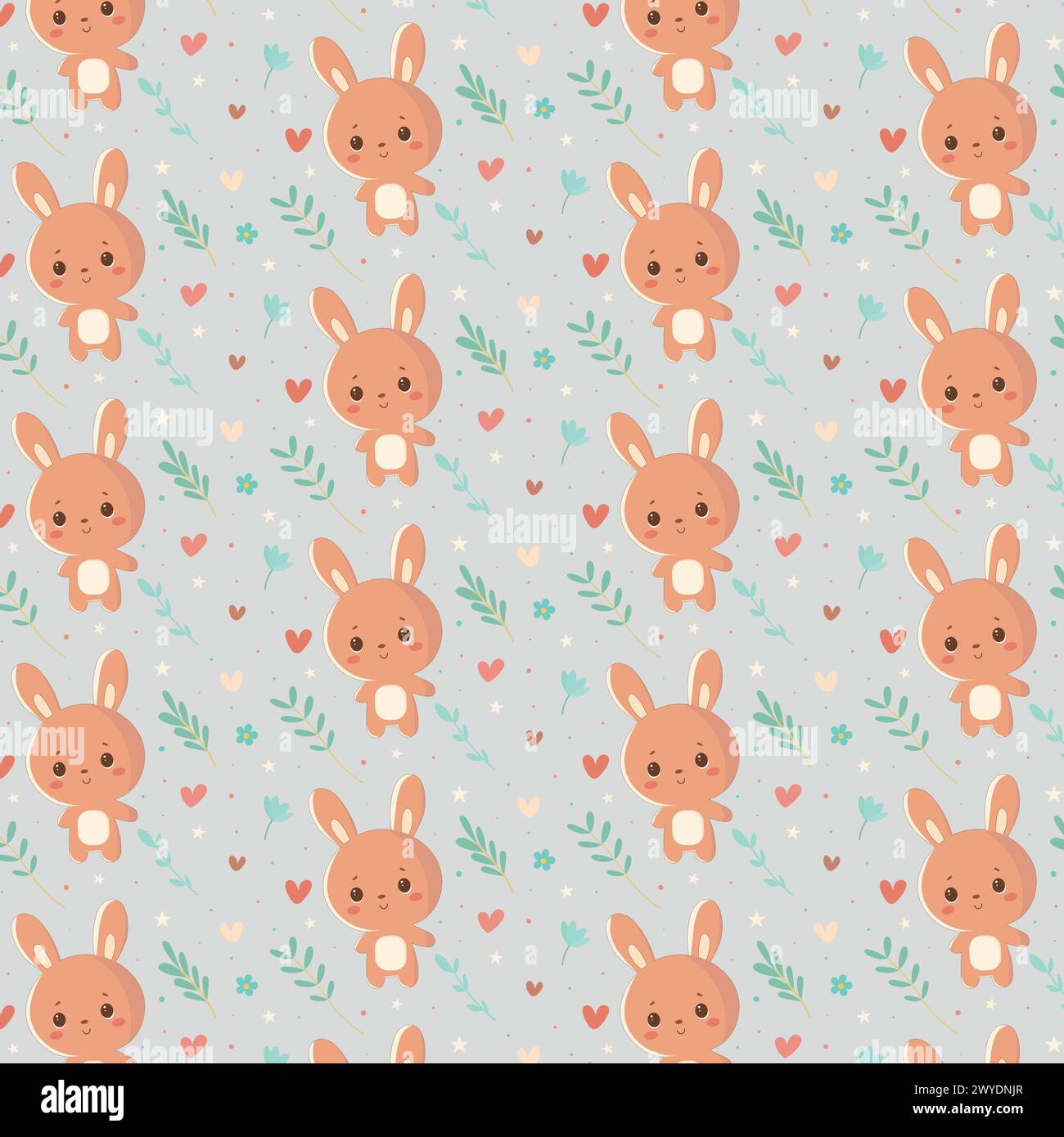 Seamless pattern with a cute cartoon bunny surrounded by plants and flowers, wrapping paper, baby clothes, bed linens Stock Vector