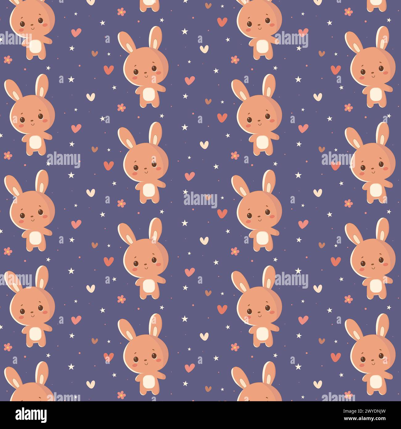 Flat design kawaii pattern featuring a cartoon hare surrounded by hearts and stars, perfect for printing on textiles. Stock Vector