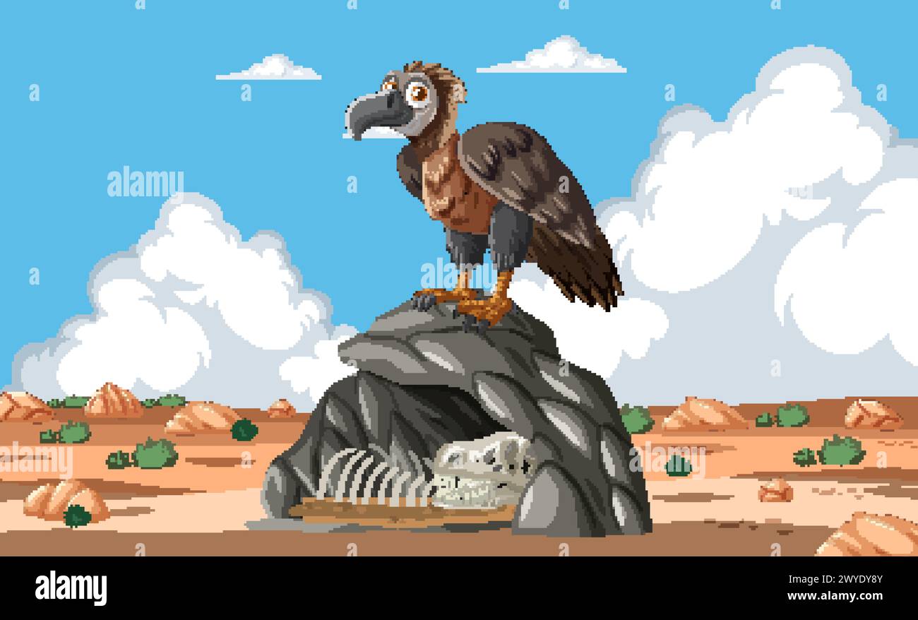 Cartoon vulture standing on a rock with skull Stock Vector