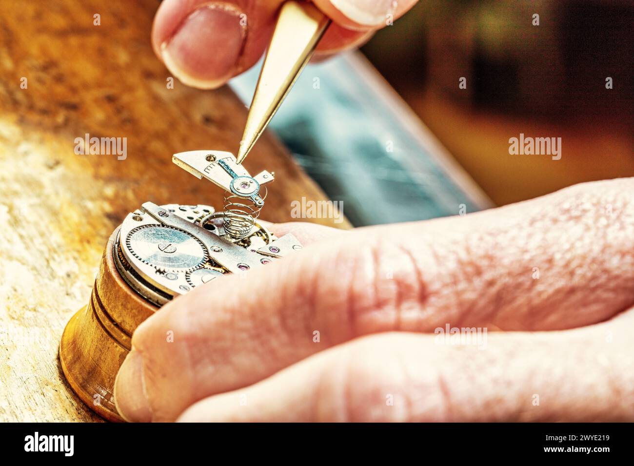 Skilled hands bring life to metal, as the heart of a watch is finely tuned Stock Photo