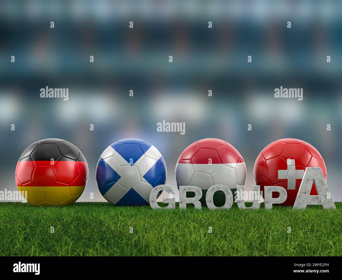 Football balls with flags of Euro 2024 group A teams on a football field. 3d illustration. Stock Photo