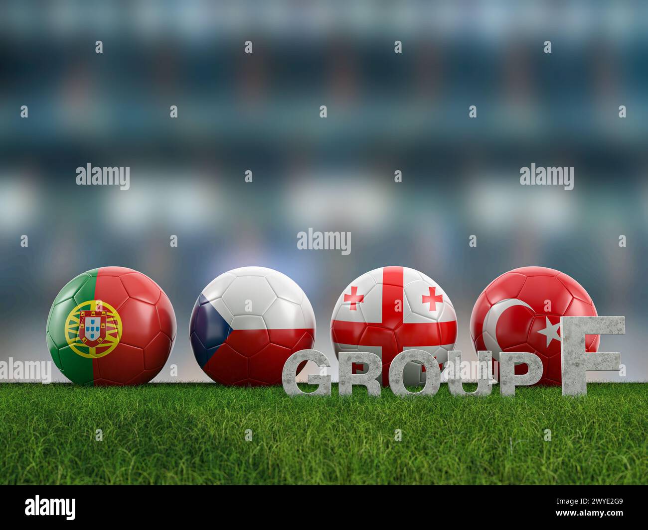 Football balls with flags of Euro 2024 group F teams on a football