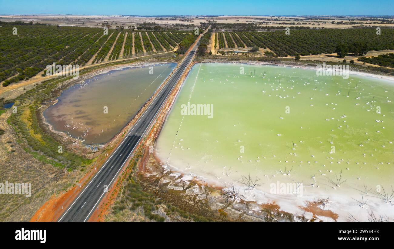 Aerial view of a green salt lake in Western Australia Stock Photo