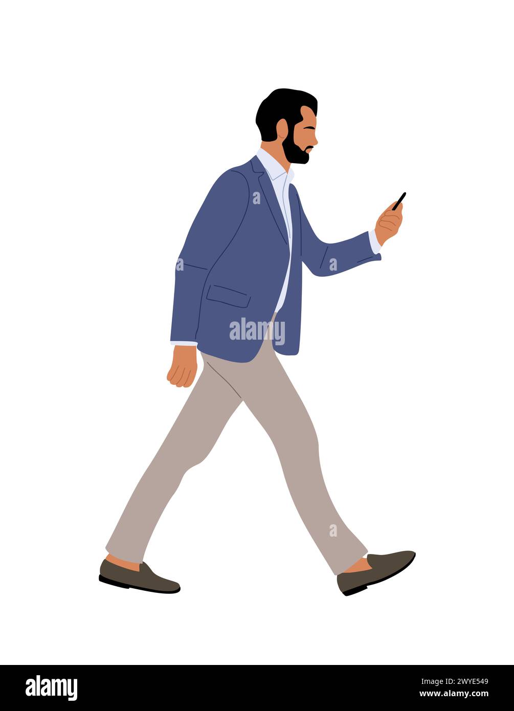 Business man walking side view, holding phone.  Stock Vector