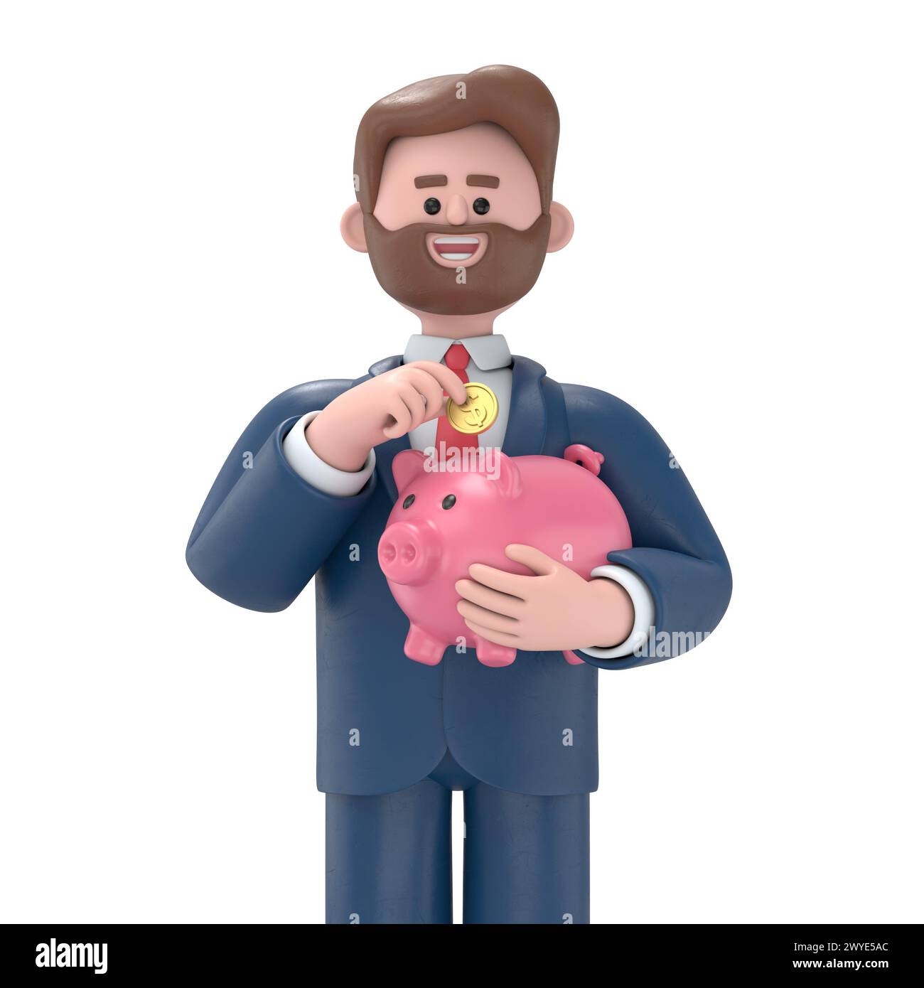 3D illustration of businessman holds a piggy bank. Concept of saving ...