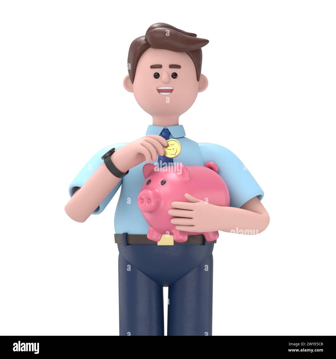 3D illustration of businessman holds a piggy bank. Concept of saving ...