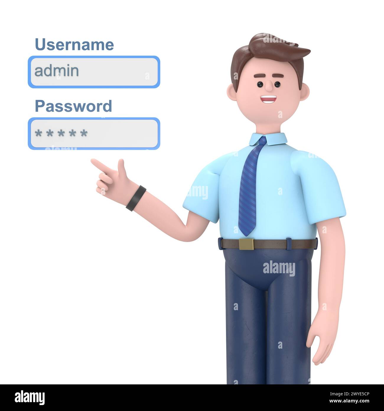 3D illustration of businessman admin network engineer pushing username and password fields login
