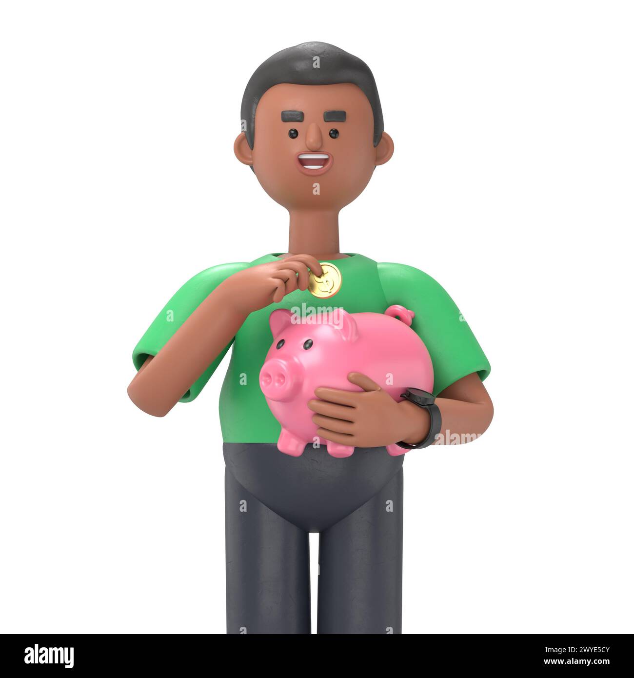 3D illustration of businessman holds a piggy bank. Concept of saving ...
