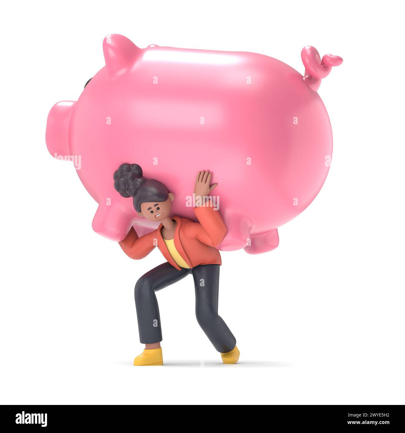 Save money concept - 3D illustration of businessman carrying big piggy bank on his shoulders.3D rendering on white background. Stock Photo
