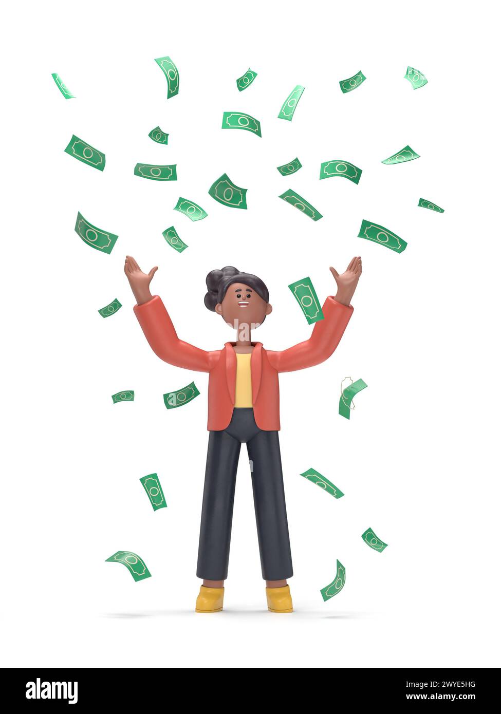 3D illustration of businessman celebrates success standing under money rain banknotes cash falling. Concept of success, achievement.3D rendering on wh Stock Photo