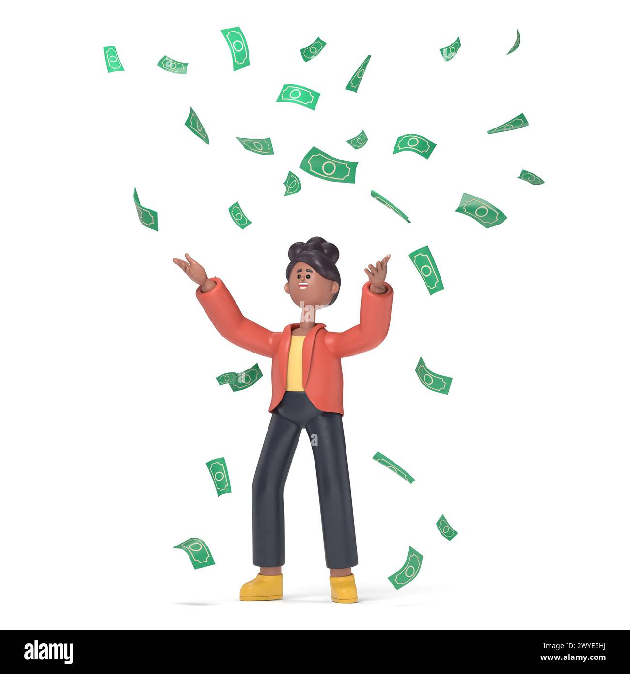 3D illustration of businessman celebrates success standing under money rain banknotes cash falling. Concept of success, achievement.3D rendering on wh Stock Photo