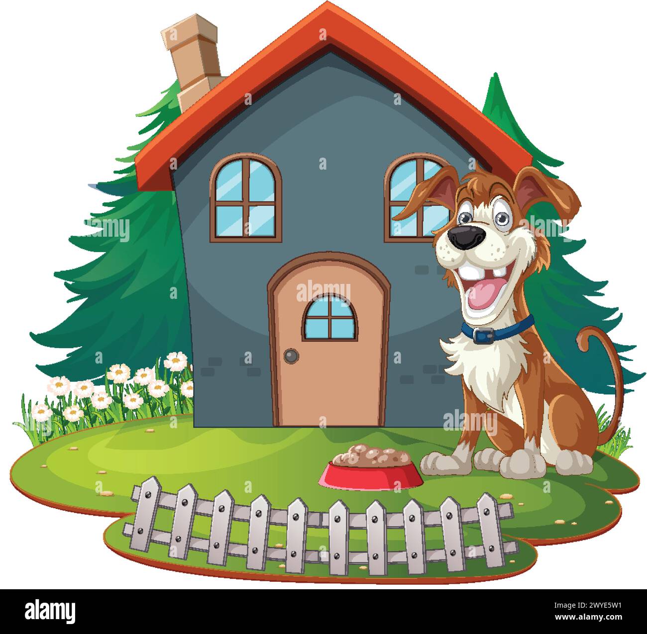 Cheerful dog standing by a small suburban home. Stock Vector