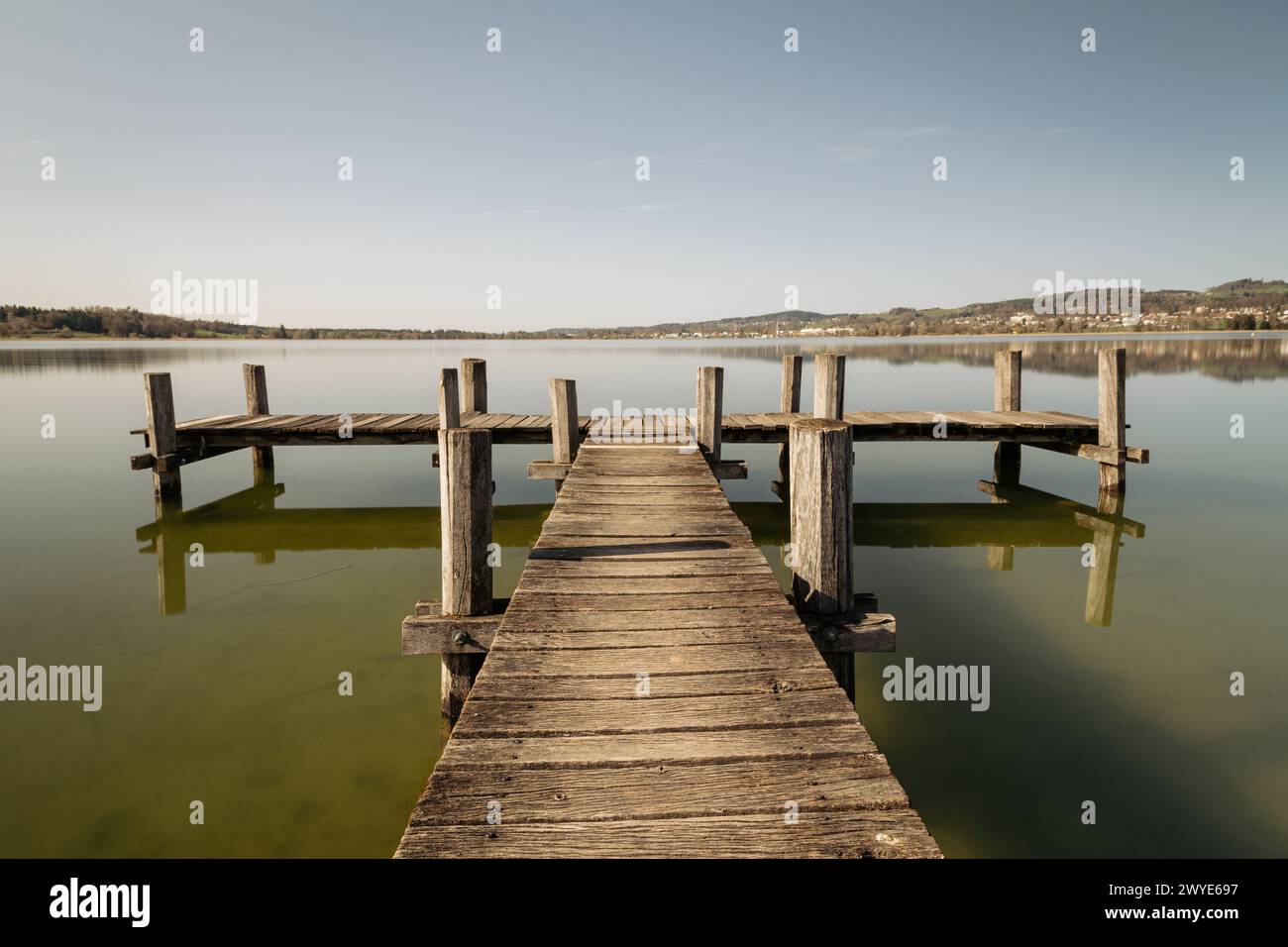 Bathing jetty on Lake Pfäffikersee in spring Stock Photo